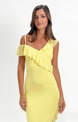 Everleene Yellow Ruffle Mesh Midi Dress