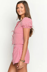 Wednesday Red Gingham Puff Sleeve Tie Top