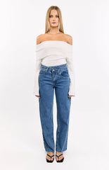 Kansis Mid Wash Scallop Pockets Uneven Waist Jeans