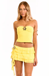 Cody Yellow Strapless Hibiscus Trim Top