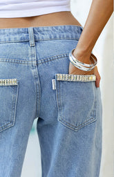 Kavira Light Wash Denim Diamante Trim Low Rise Jeans - PRE ORDER