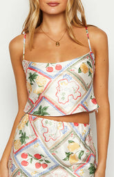 Milliana White Satin Roma Print Crop Top