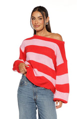 Finley Red and Pink Stripe Off Shoulder Knit Sweater