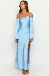 Shae Blue Satin Long Sleeve Maxi Dress
