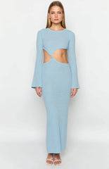 Arya Blue Long Sleeve Knit Maxi Dress