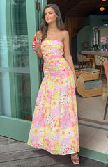 Sinclair Yellow Floral Print Strapless Maxi Dress
