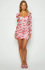 Estee Pink Print Long Sleeve Mesh Mini Party Dress