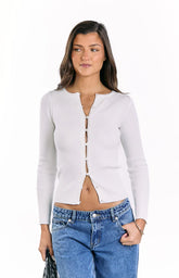 Kippy White Ribbed Knit Button Up Long Sleeve Sweater