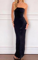 Lulana Black Strapless Rhinestone Maxi Dress