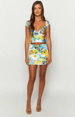 Joanna Blue Floral Satin Mini Skirt