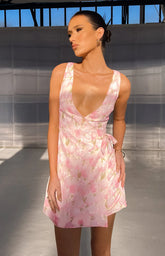Cheeky Pink Floral Wrap Front Mini Dress