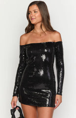 Jazmin Black Sequin Long Sleeve Mini Dress