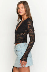 Trevina Black Lace Long Sleeve Top