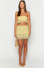 Sparrow Yellow Lace Frill Strapless Crop Top
