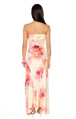 Alora Yellow and Pink Floral Print Hanky Hem Maxi Skirt