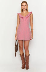 Ariette Red Gingham Frill Mini Dress