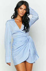 Holly Blue Stripe Tie Up Shirt Mini Dress