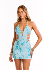 Atana Blue Beaded Halter Party Mini Dress