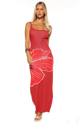 Carly Red Knit Hibiscus Print Maxi Dress