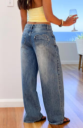 Lovers Lane Mid Wash Denim Heart Pocket Slouchy Jeans