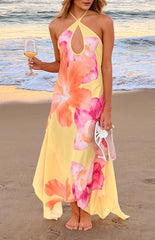 Elowen Yellow Hibiscus Floral Halter Maxi Dress