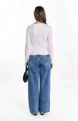 Kippy White Ribbed Knit Button Up Long Sleeve Sweater