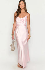Elma Pink Satin Wrap Tie Maxi Dress