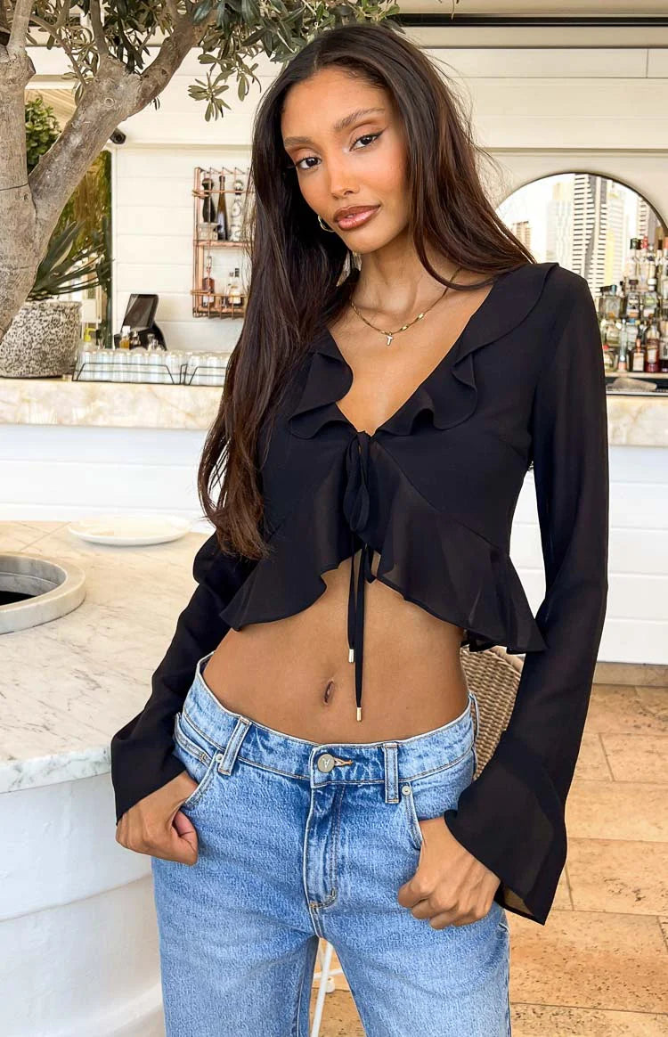Kazan Black Frill Long Sleeve Top