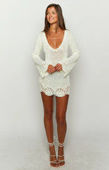 Li White Crochet Long Sleeve Mini Dress
