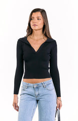 Nina Black Ribbed Knit Long Sleeve Sweater