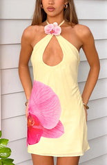 Delilah Yellow Orchid Print Halter Mini Dress