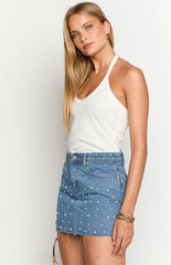 Denim Dazzle Pearl Mid Wash Mini Skirt