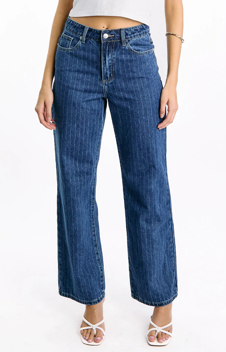 Calliope Pinstripe Mid Wash Mid Rise Slouchy Jeans