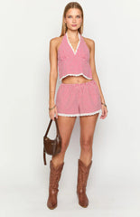 Arnie Red Gingham Broderie Lace Halter Top