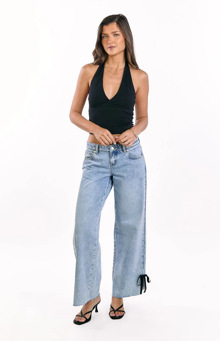 Willabelle Light Wash Denim Bow Hem Low Rise Jeans
