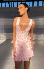 Cheeky Pink Floral Wrap Front Mini Dress