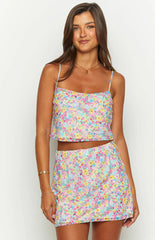 Milliana Painted Floral Pink Mini Skirt