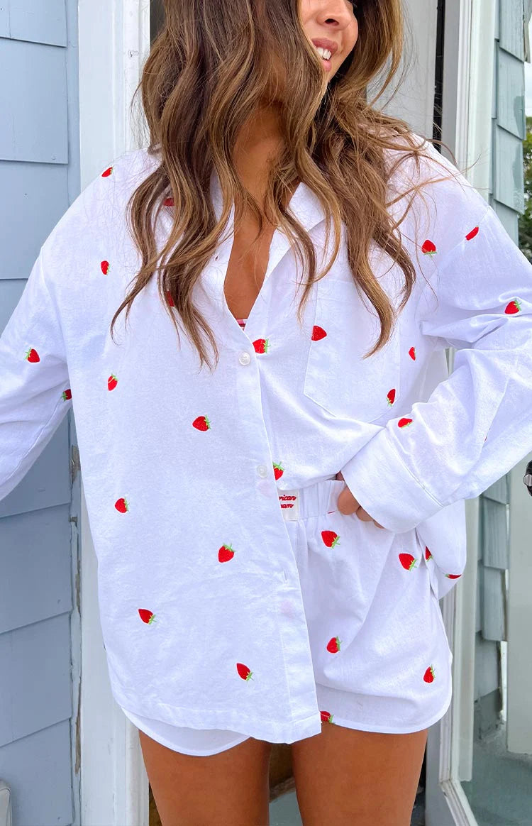 Margarita White Strawberry Embroidered Long Sleeve Shirt