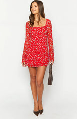 Goldie Red Floral Long Sleeve Mini Dress