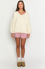 Delvey Cream And Red Contrast Stitch Chunky Knit Sweater