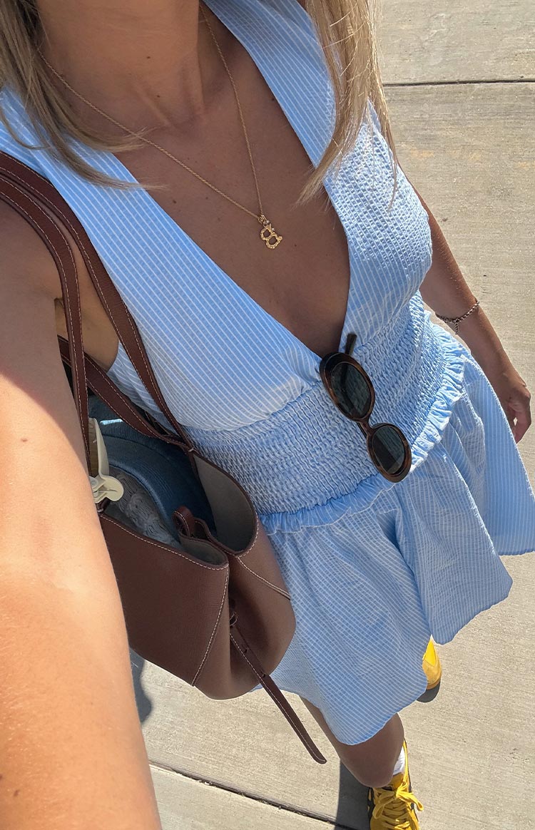 Juna Light Blue Stripe Shirred Mini Dress