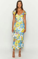Raymi Blue Floral Chiffon Maxi Dress