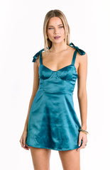 Chrystal Teal Tie Strap Party Mini Dress