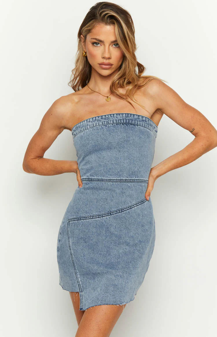 Jasmine Mid Wash Denim Wrap Front Mini Dress