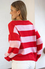 Finley Red and Pink Stripe Off Shoulder Knit Sweater