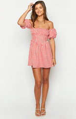Love Lost Off The Shoulder Red Gingham Mini Dress