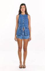 Dawson Mid Wash Denim Button Down Vest Top