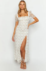 Clydie White Floral Cap Sleeve Midi Dress